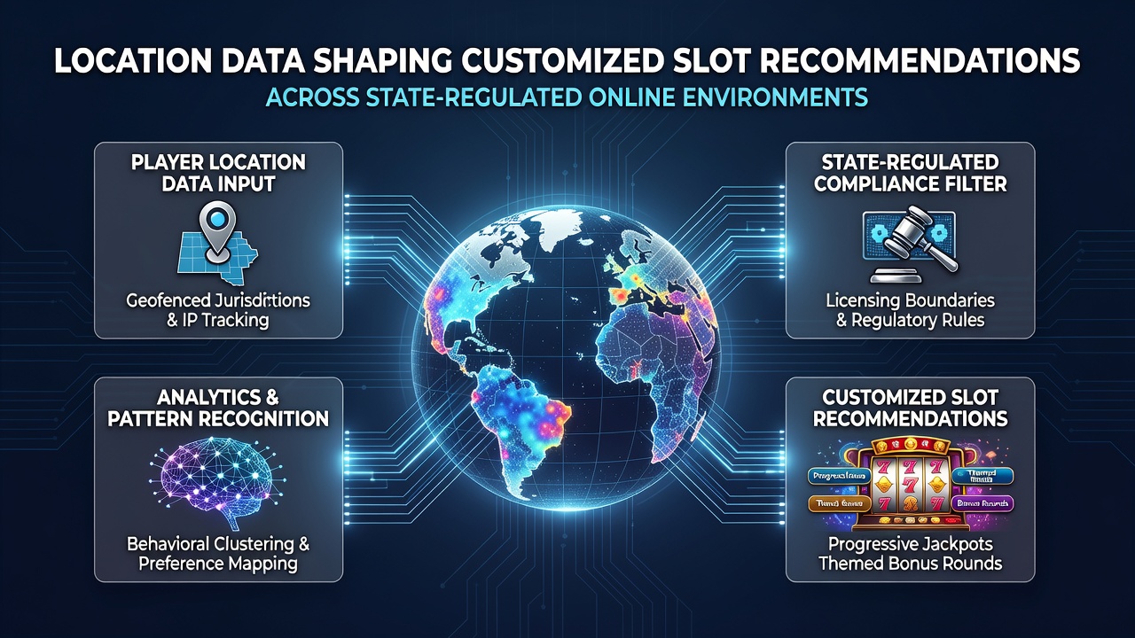 Dashboard view of a casino app displaying location-filtered slot recommendations with state compliance indicators