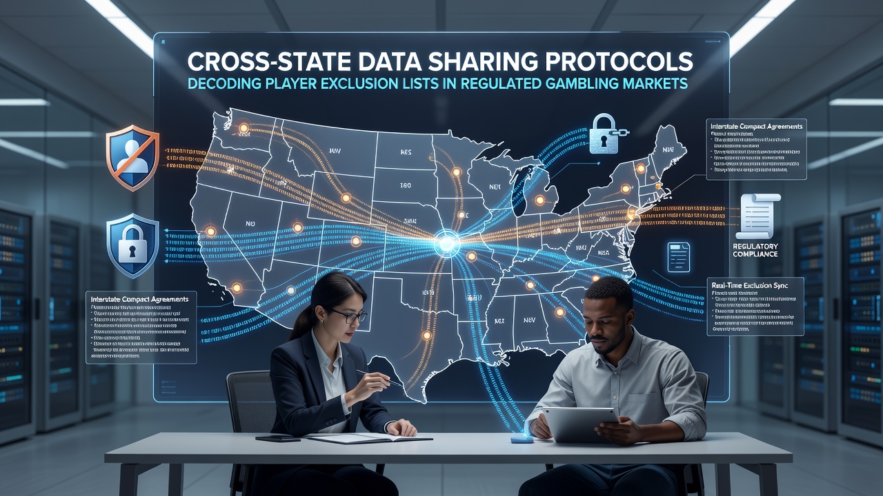 Illustration of interconnected state regulatory databases managing player exclusion lists across US gambling jurisdictions