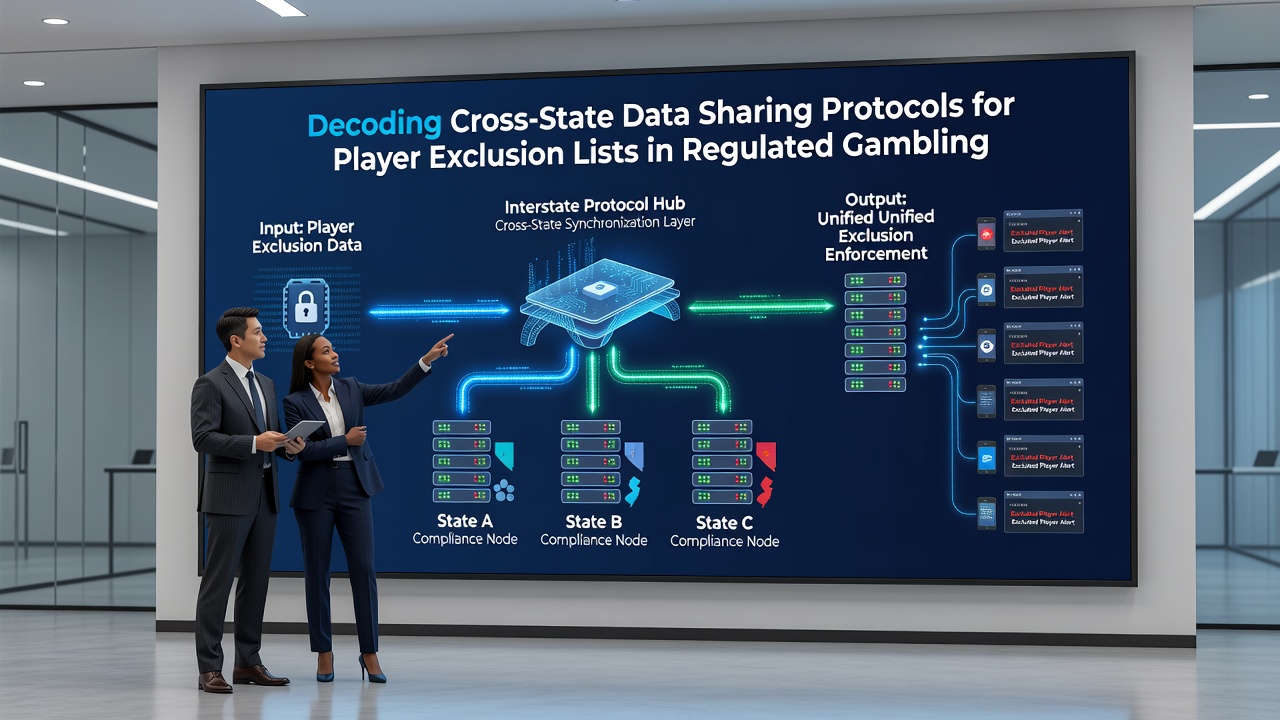 Diagram showing encrypted data flow between state gaming commissions for exclusion list synchronization