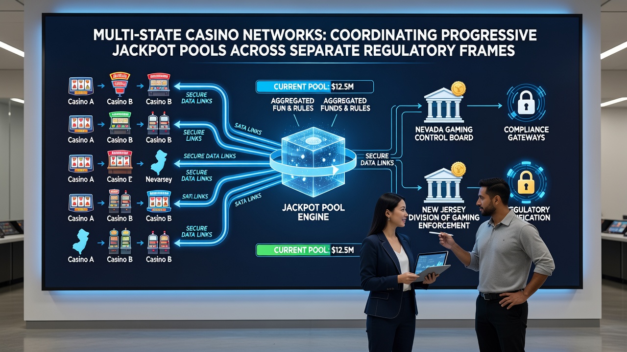 Regulatory compliance team reviewing multi-state jackpot reports on multiple monitors