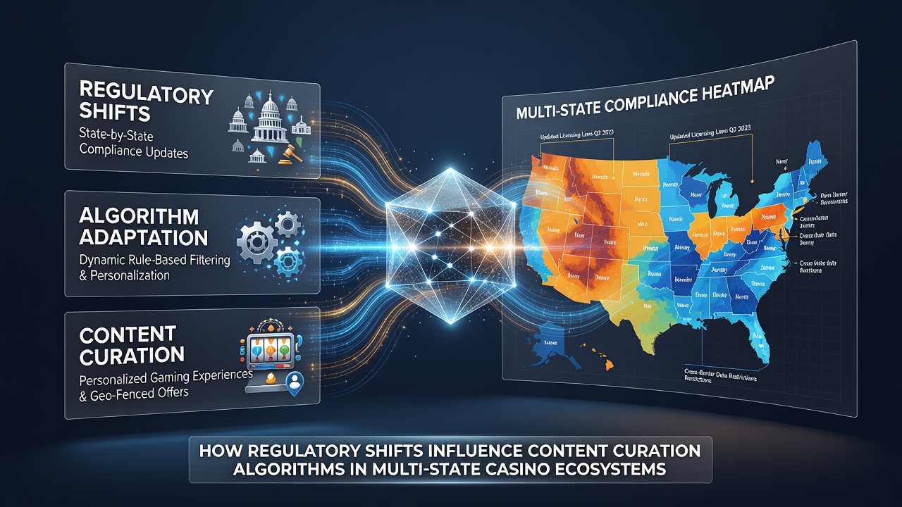 Network diagram showing data flows between state regulatory servers and casino content algorithms