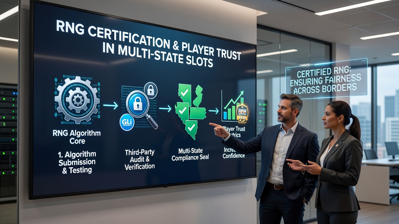 Player reviewing certification badges on a mobile slot game interface in a regulated market