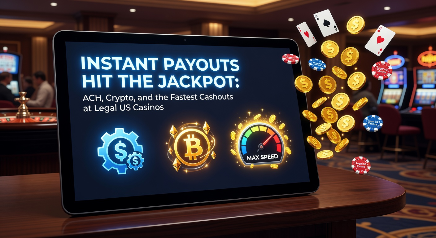 Digital graphic showing lightning-fast casino payout icons including ACH transfers and cryptocurrency symbols zooming towards a jackpot slot machine