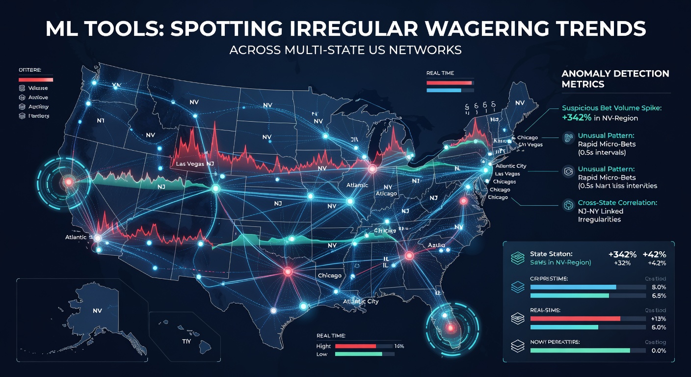 Machine learning dashboard displaying real-time wagering anomaly detection across multiple US states