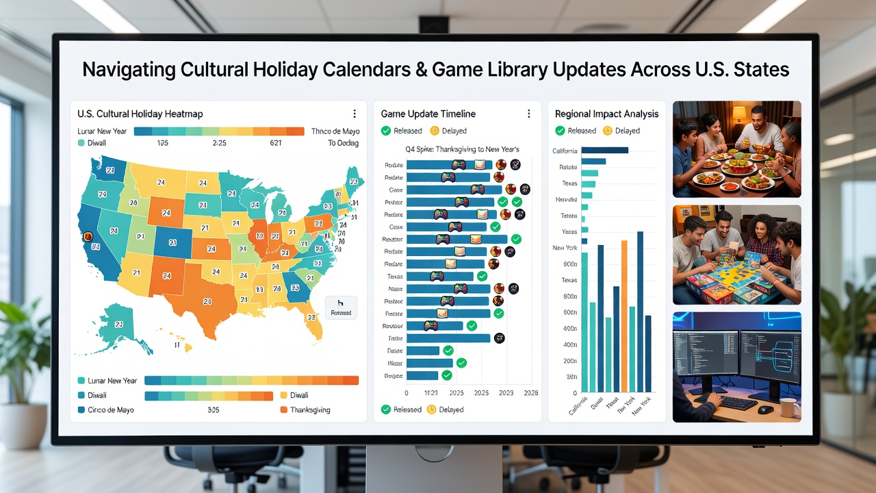 Calendar planning board showing holiday dates alongside game certification timelines for US iGaming operators