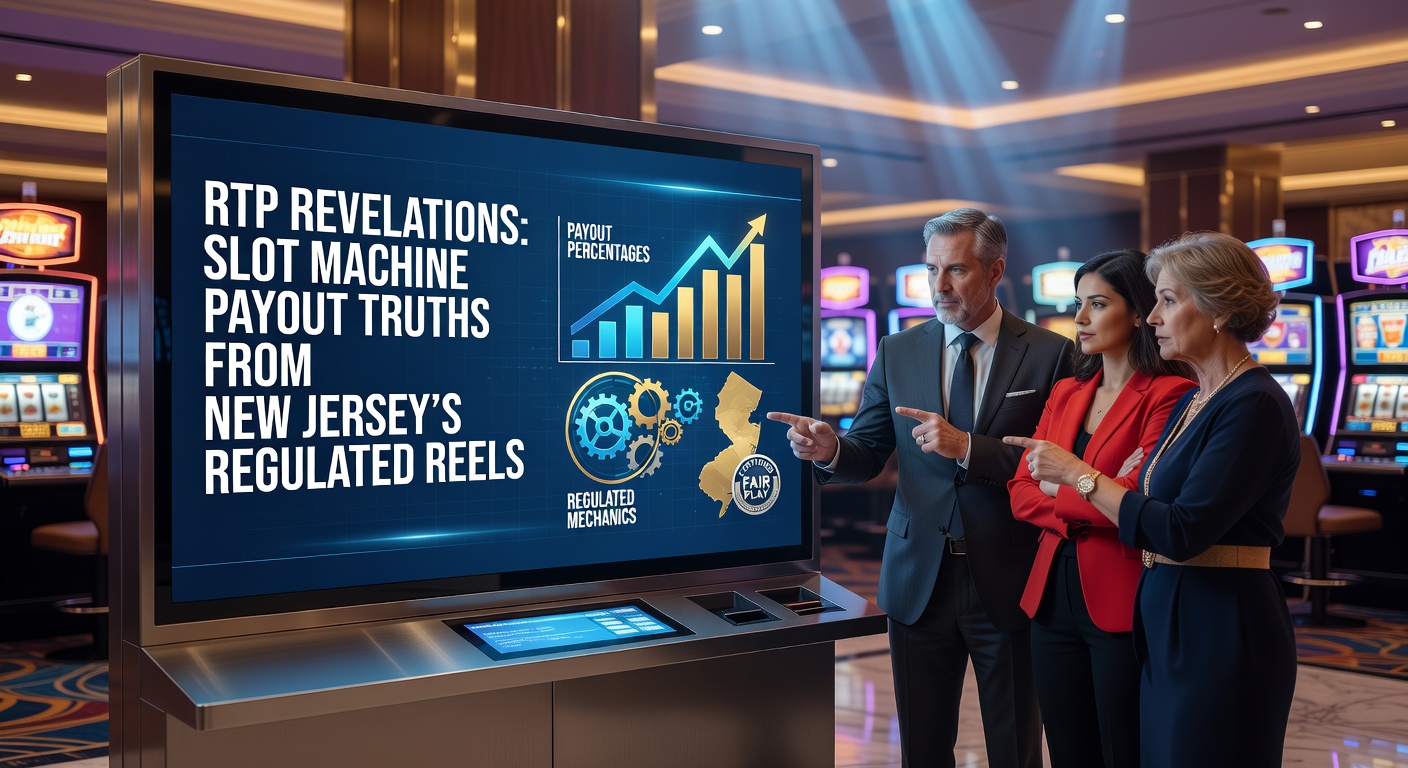 Vibrant slot machine reels spinning under New Jersey's regulated casino lights, showcasing digital displays with payout percentages