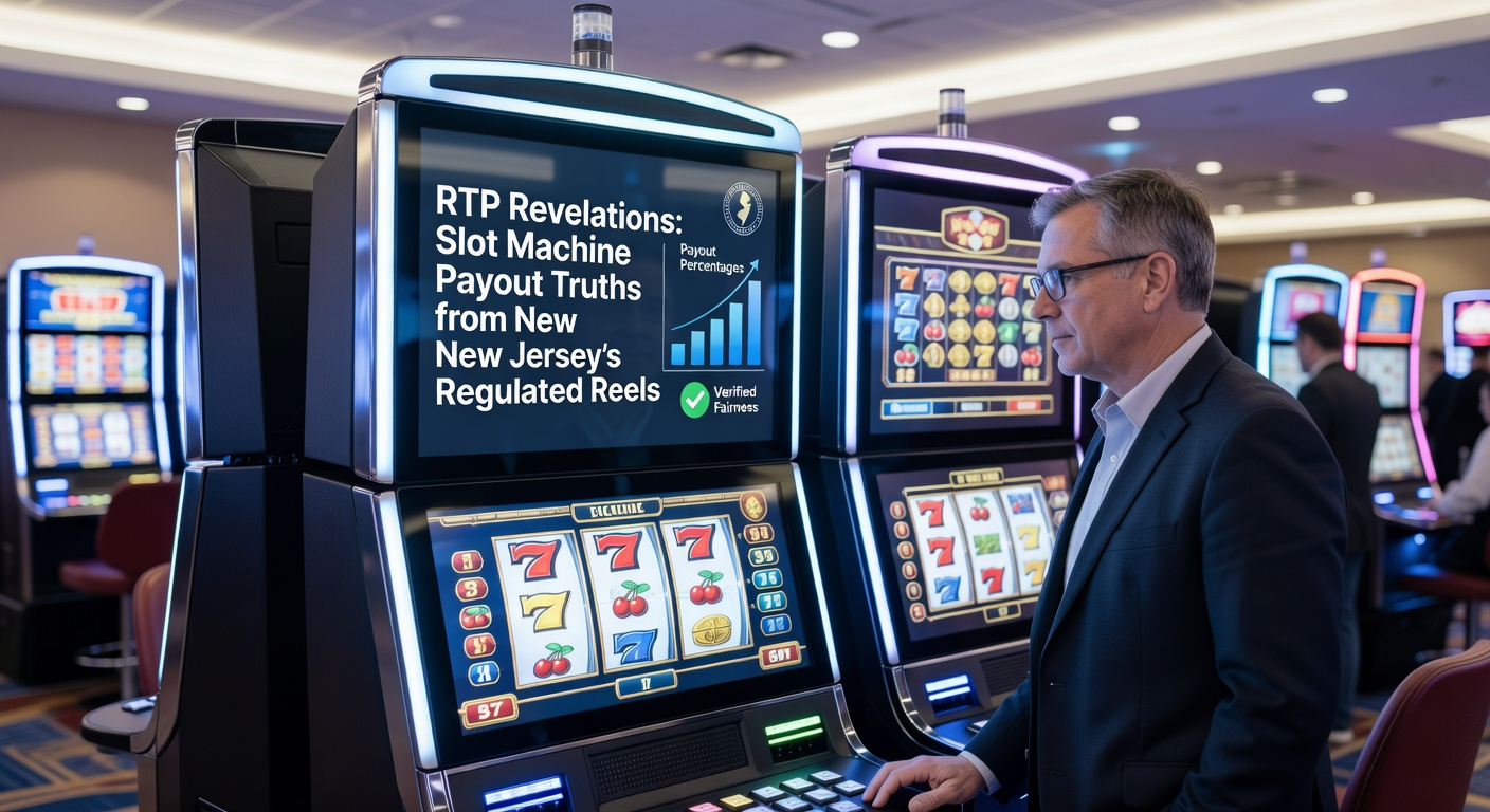 Data charts and graphs illustrating RTP percentages from New Jersey online slot reports, with regulatory seals and payout trend lines