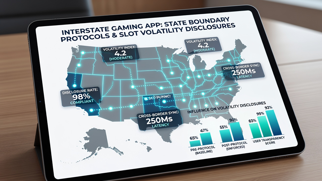 Mobile screen capture of a slot game help menu showing adjusted volatility data after crossing a state line