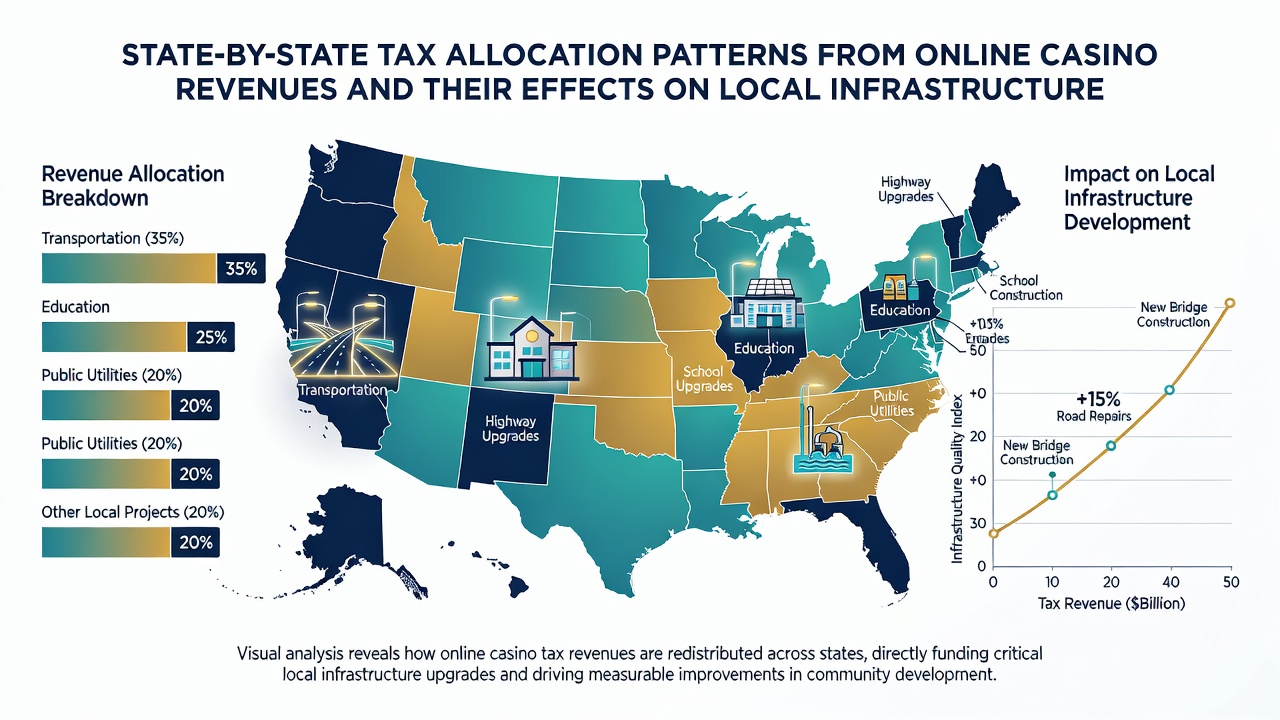 Infographic showing infrastructure project completions funded by online casino tax allocations in select states