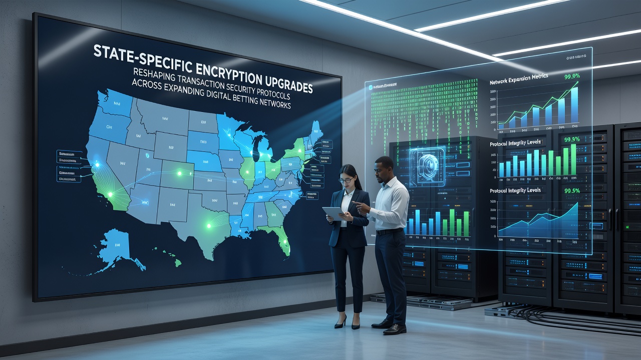 Illustration of state-specific encryption upgrades in digital betting networks showing secure transaction flows across multiple jurisdictions