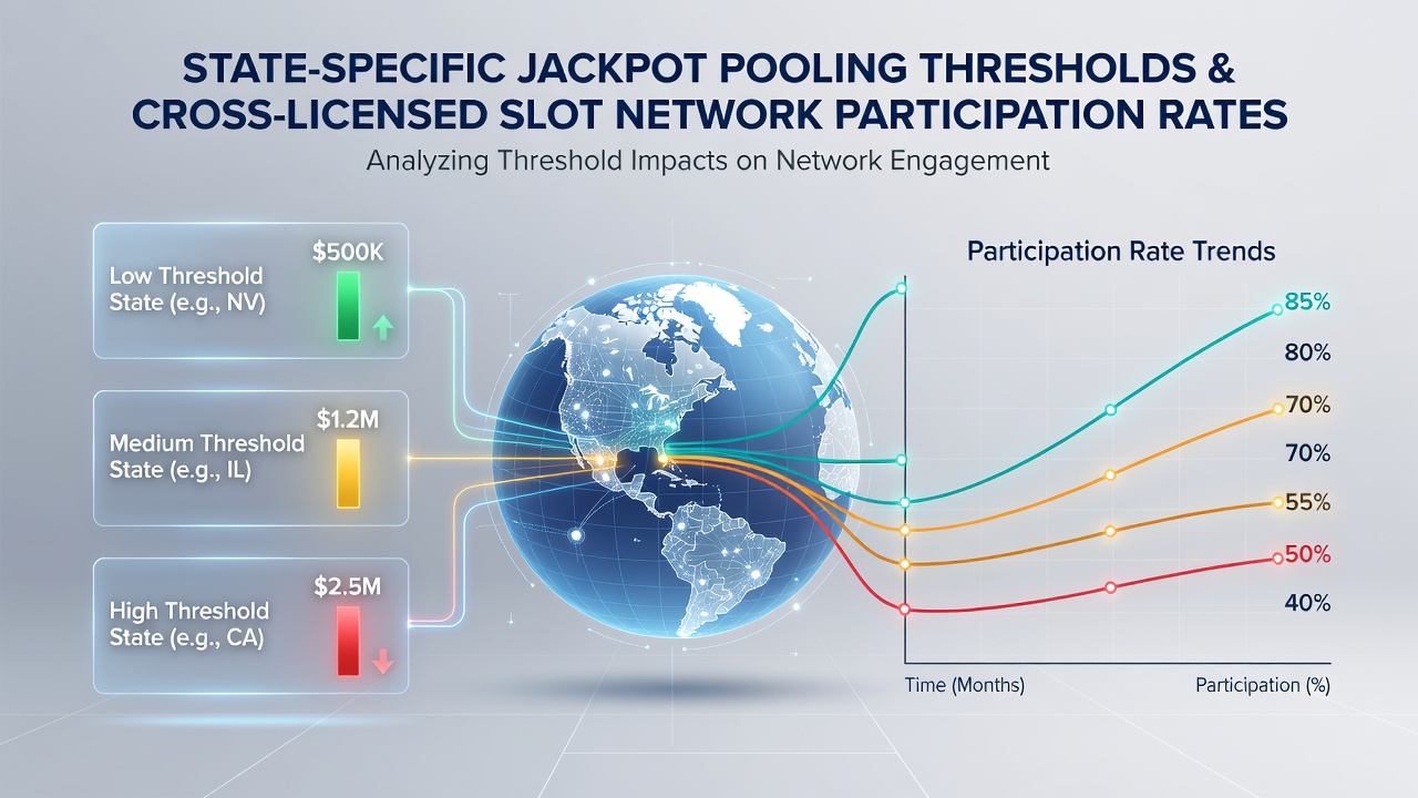 Illustration of slot machine jackpot pooling across state networks with threshold indicators