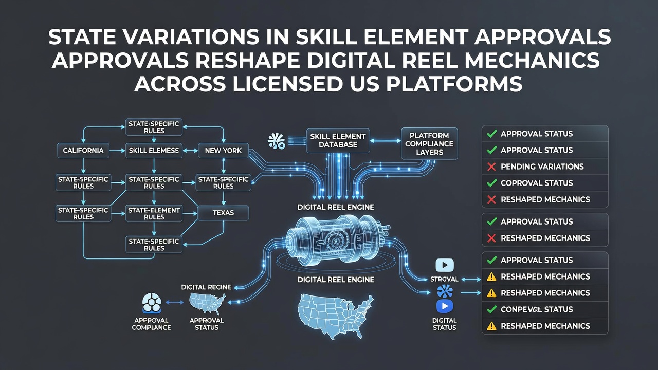 Digital reel interfaces displaying varied skill-based bonus triggers across different state-regulated casino platforms